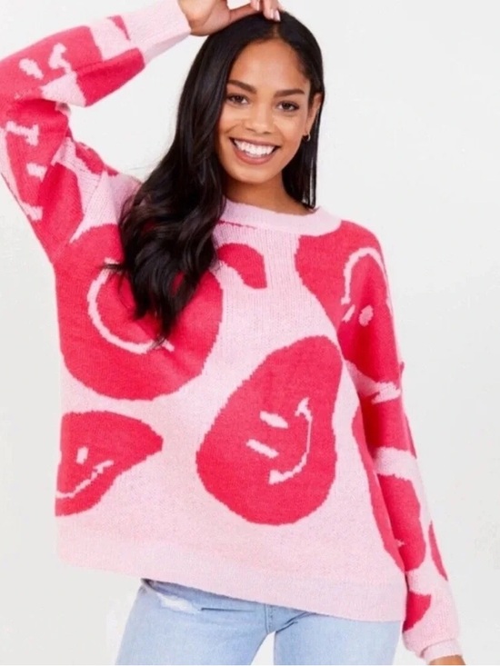 Altar'd State Tops - Altar'd State Pink Sweater with Red Smiley Motifs